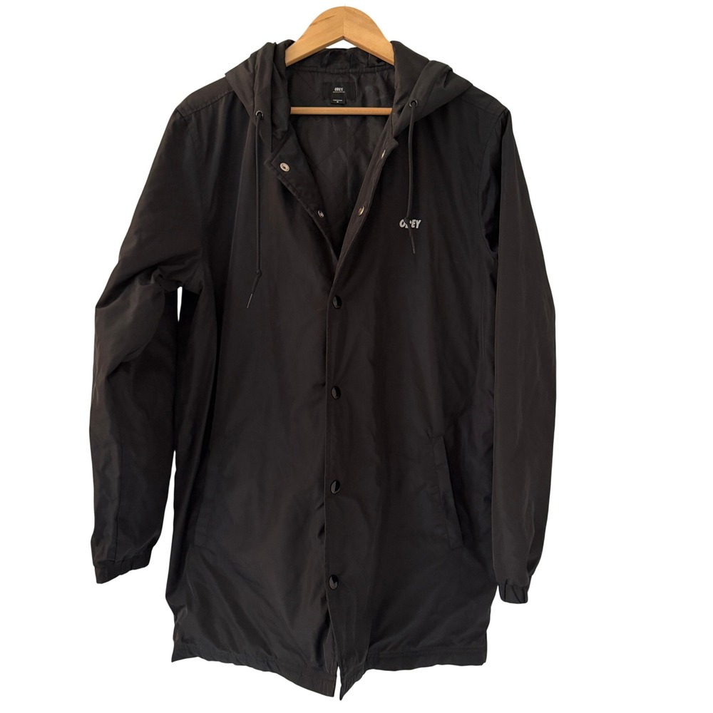 Obey Hooded Coach Jacket Mens Medium Black Excellent Quilted Lining Streetwear